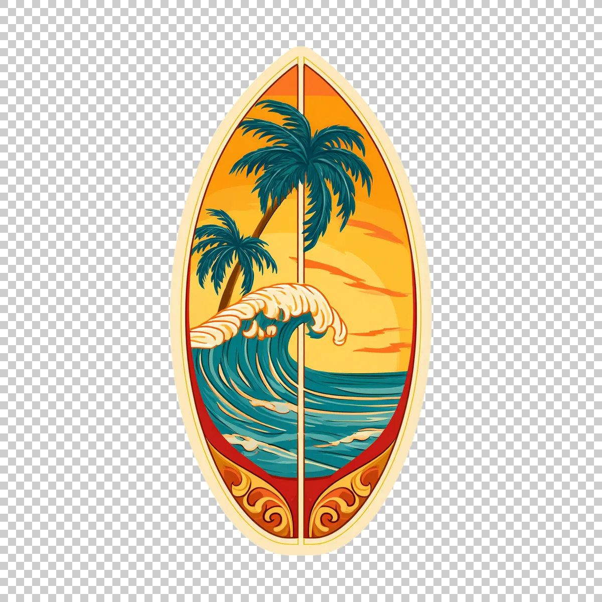 Surfboard And Tropical Wave Emblem With Palm Trees A 3 H transparent PNG